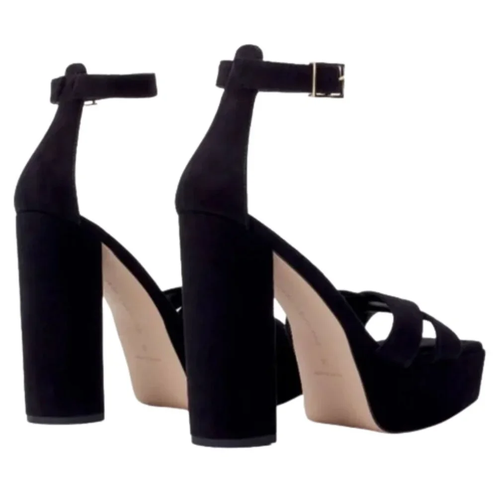 Good American Square Toe Chunky Heel Strappy Platform in Black Suede